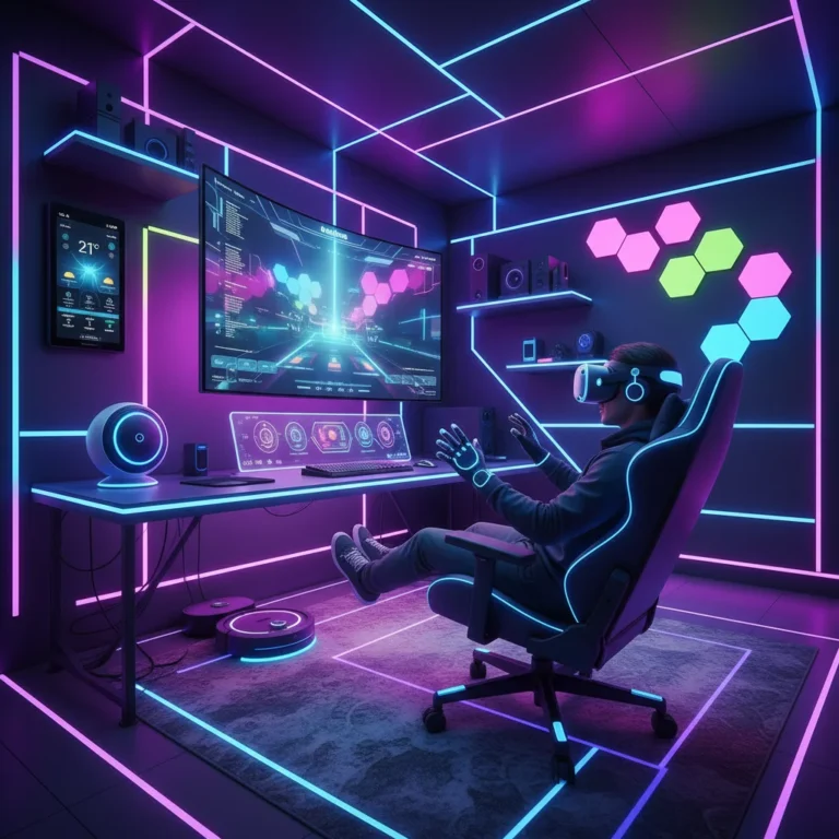 Gamer immersed in a futuristic smart home setup with RGB lighting and integrated devices.