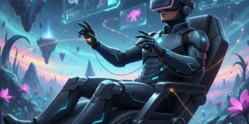 Futuristic VR gamer experiencing advanced virtual reality in 2026
