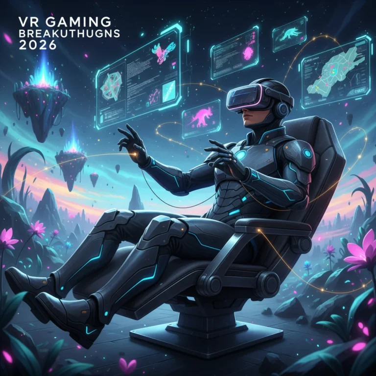 Futuristic VR gamer experiencing advanced virtual reality in 2026