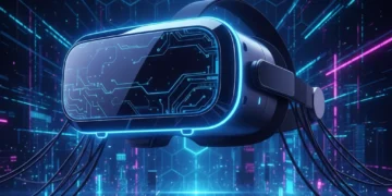 Futuristic VR headset glowing, symbolising advanced virtual reality technology in 2026.