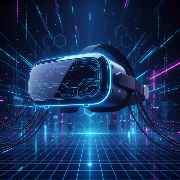 Futuristic VR headset glowing, symbolising advanced virtual reality technology in 2026.