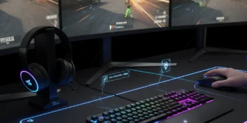 Futuristic wireless gaming setup with low-latency peripherals for competitive play