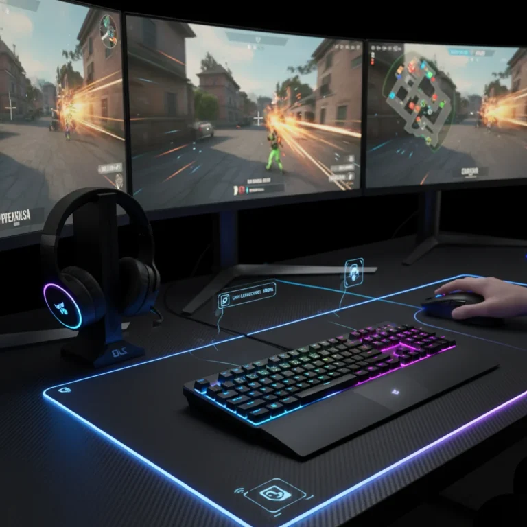 Futuristic wireless gaming setup with low-latency peripherals for competitive play