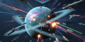 Galactic Frontiers 3.0 update, space fleet engaging in combat over a new planet, focusing on US player experience.