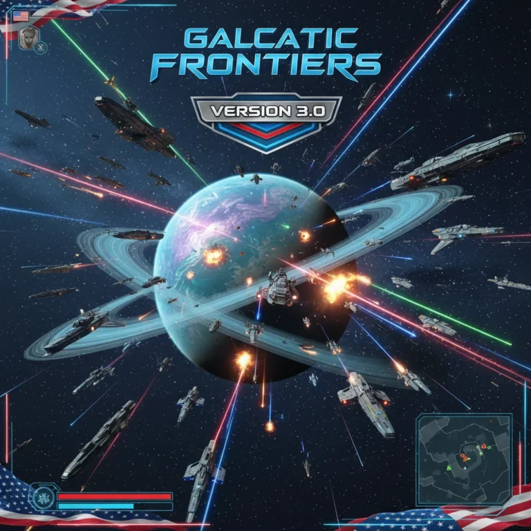 Galactic Frontiers 3.0 update, space fleet engaging in combat over a new planet, focusing on US player experience.