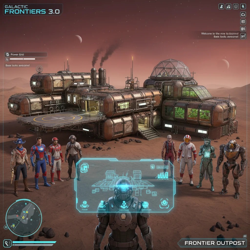 New Frontier Outpost player housing system in Galactic Frontiers 3.0, showing customization and social interaction.