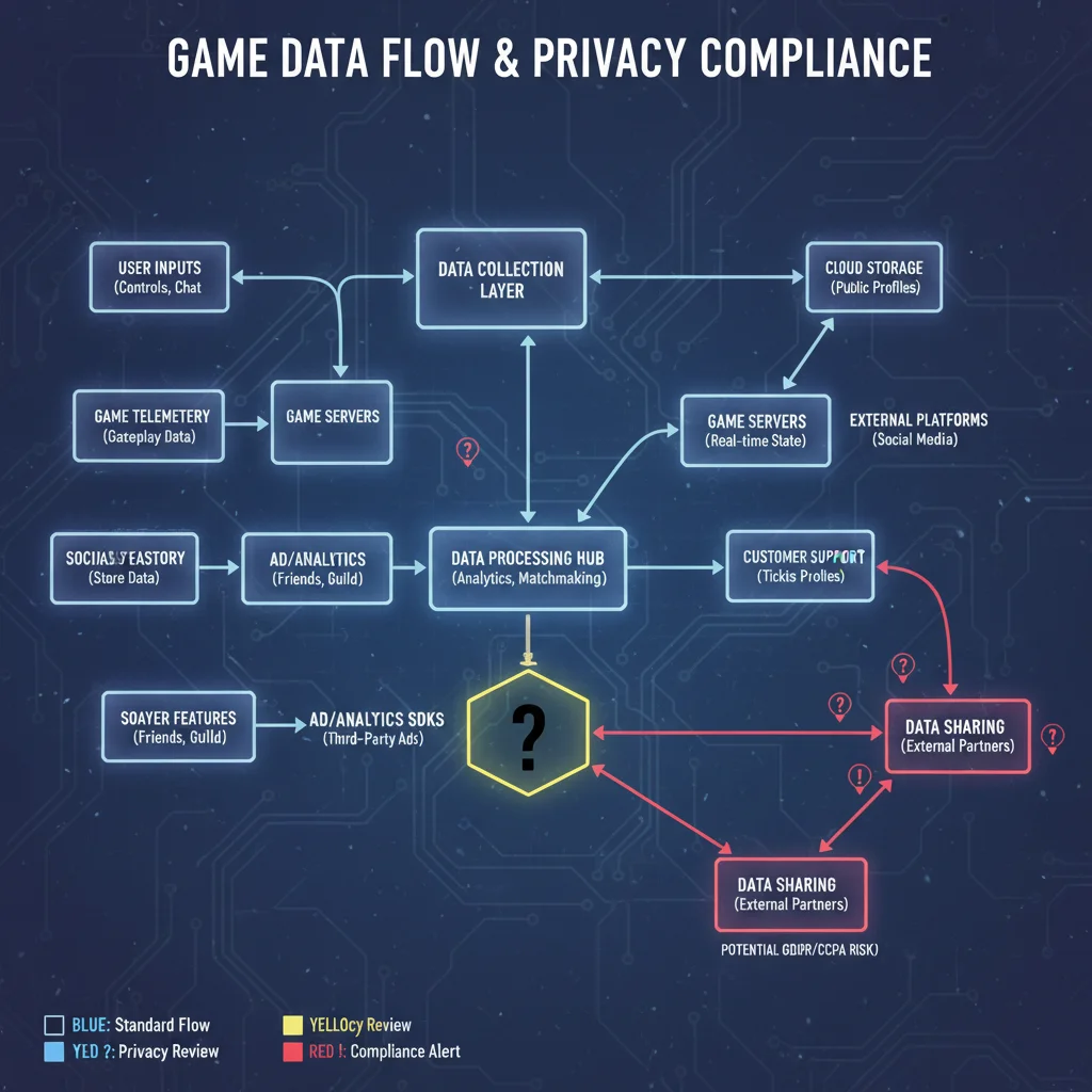 Complex data flow diagram within a gaming application, highlighting potential privacy compliance points.