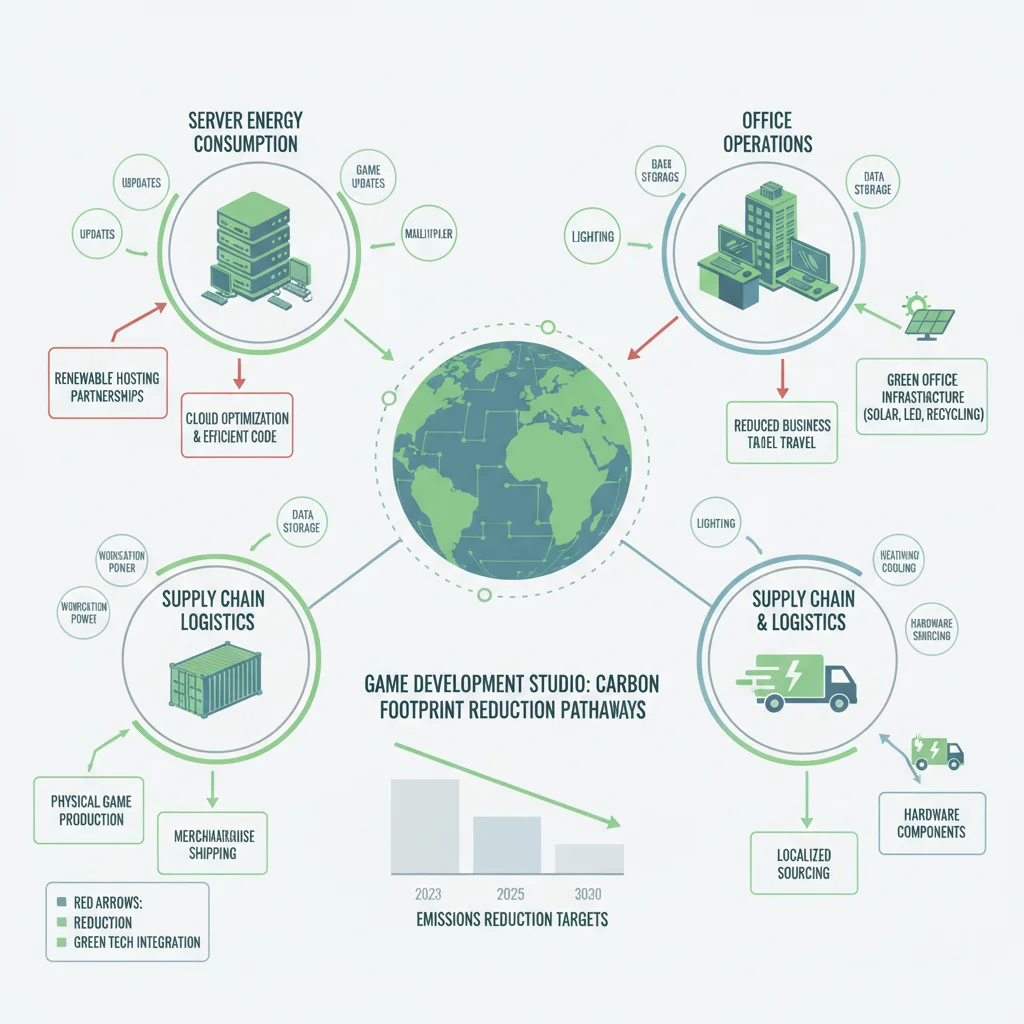 Infographic detailing a game development studio's carbon footprint and strategies for reduction.