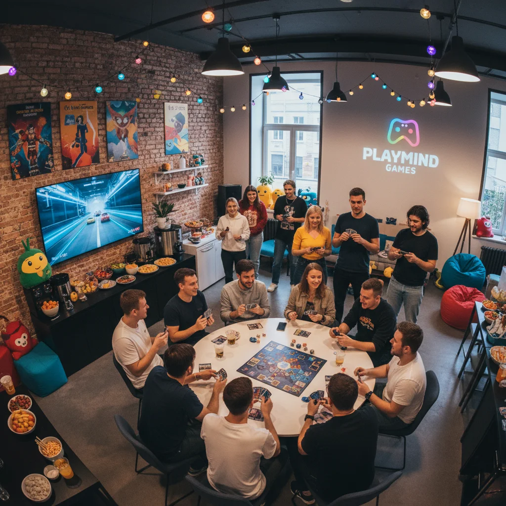 Game developers enjoying a team social event, fostering camaraderie and studio culture.