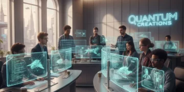 Game developers collaborating in a futuristic studio, focused on screens displaying game code and art.
