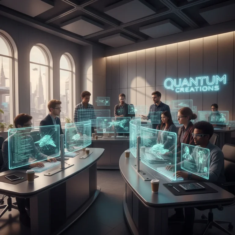 Game developers collaborating in a futuristic studio, focused on screens displaying game code and art.