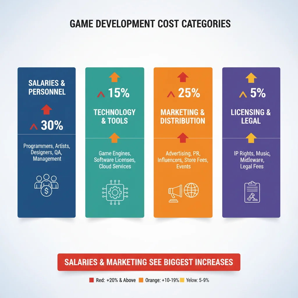 Infographic detailing the breakdown of game development cost categories and their increases.