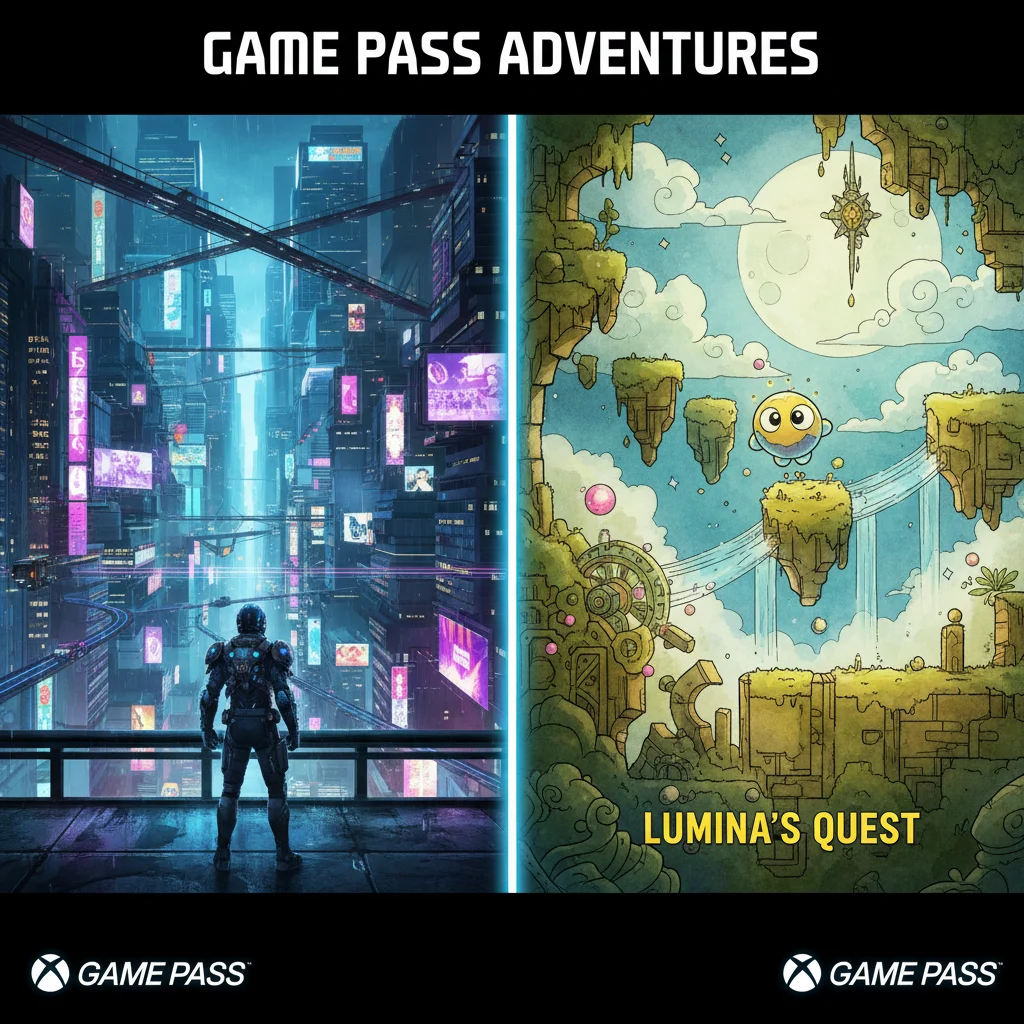 Split screen showing futuristic RPG and indie puzzle-platformer gameplay.