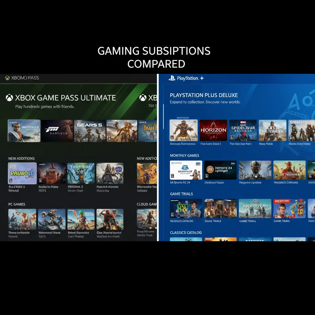 Side-by-side comparison of Xbox Game Pass and PlayStation Plus interfaces.