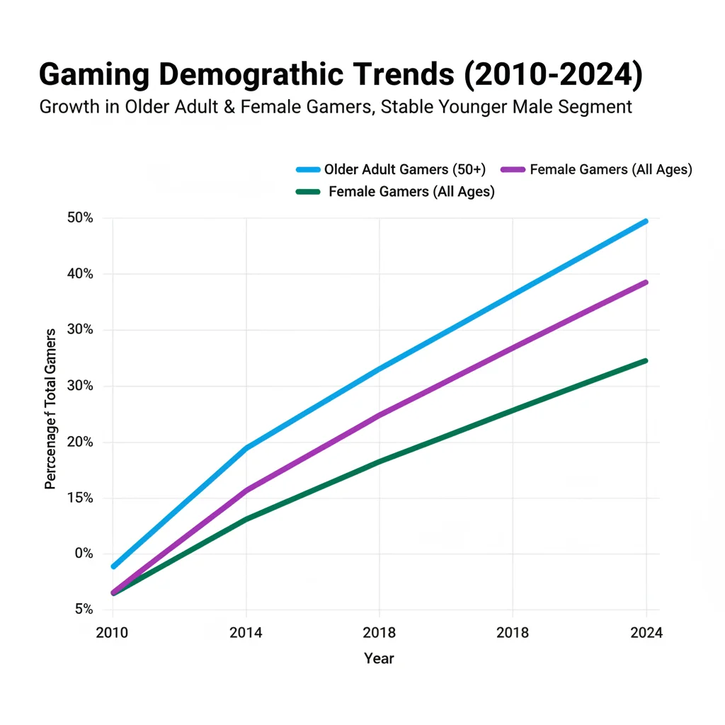 Infographic illustrating the growth of diverse gamer demographics, including older adults and women.