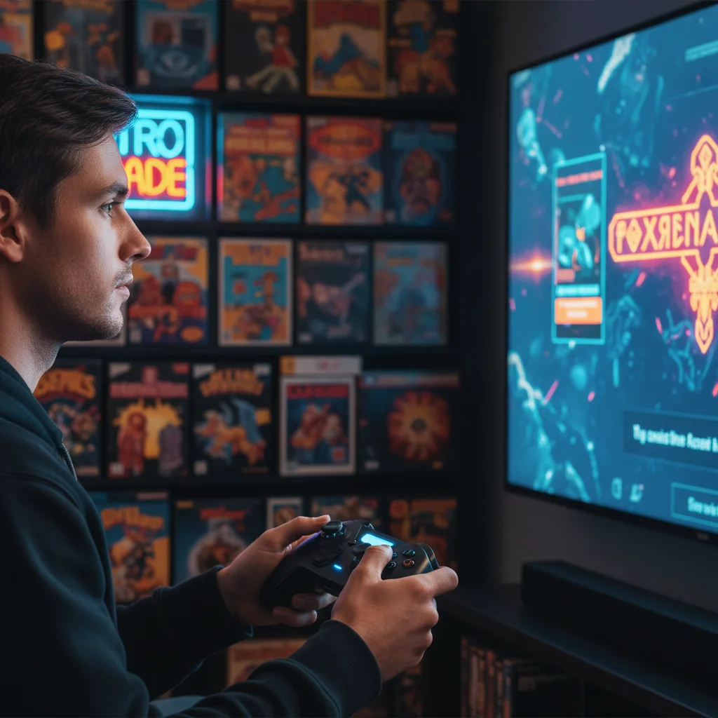 Gamer playing a digital game with retro physical games in background.