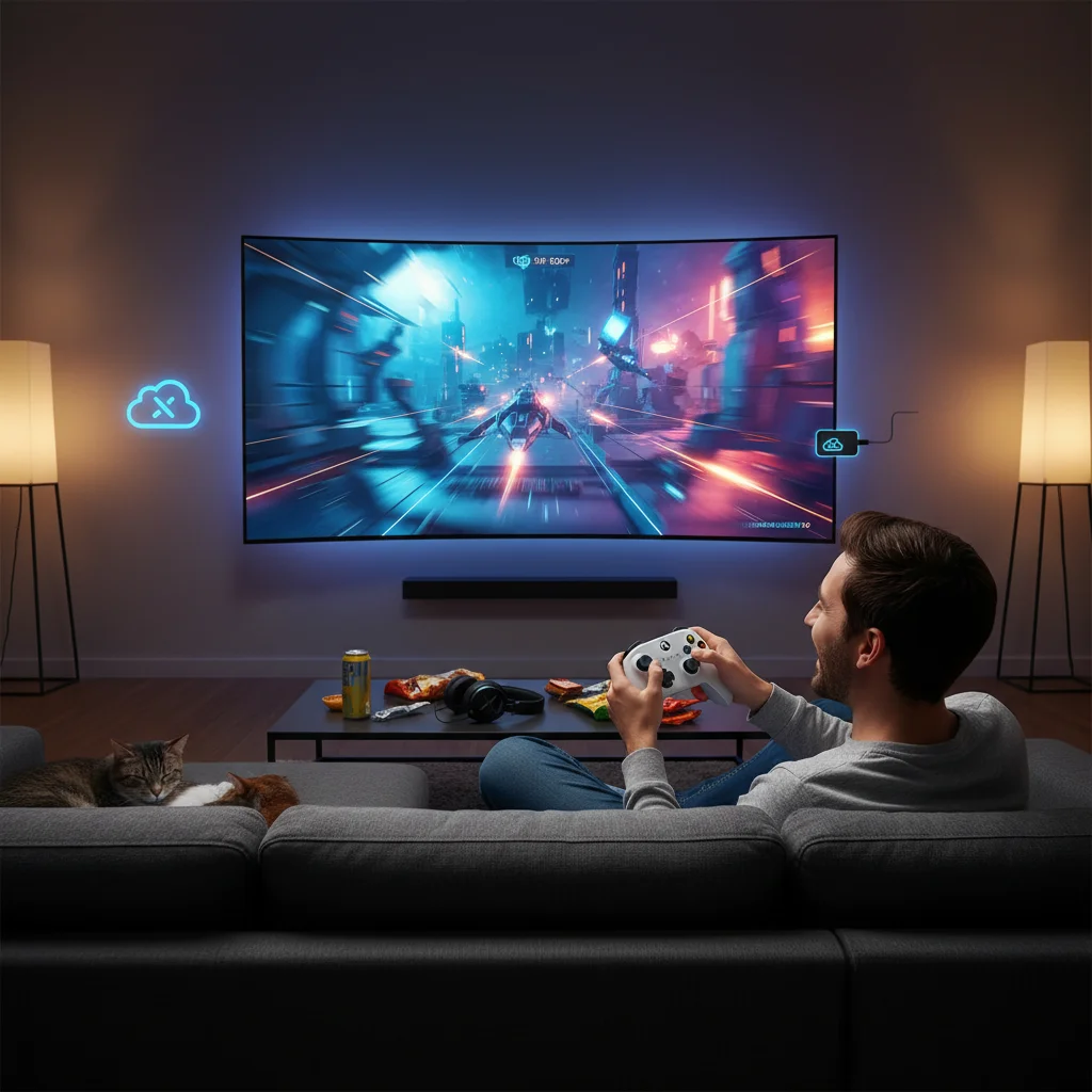 Gamer playing an action game on Xbox Game Pass with a controller.