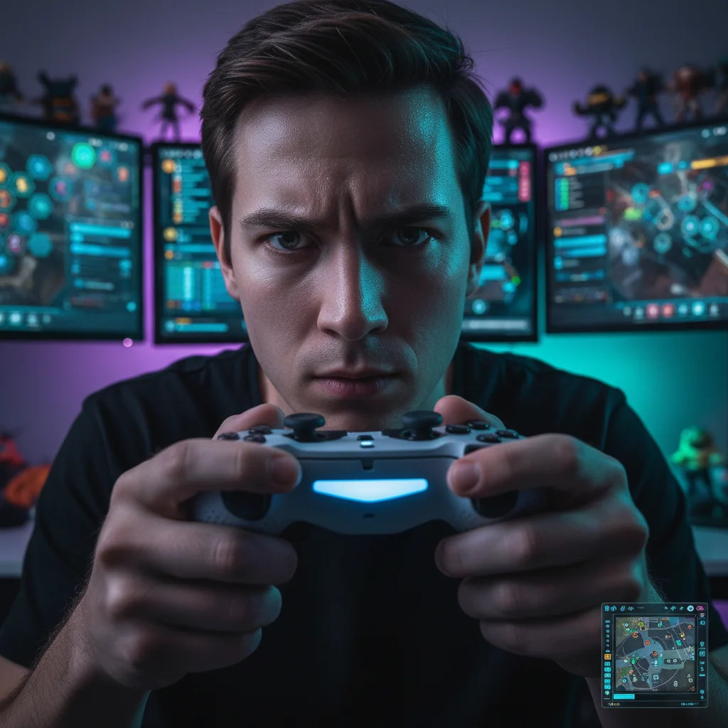 A gamer deeply immersed in a challenging puzzle or strategy game on screen, illustrating the engaging gameplay of an underrated Q1 game.
