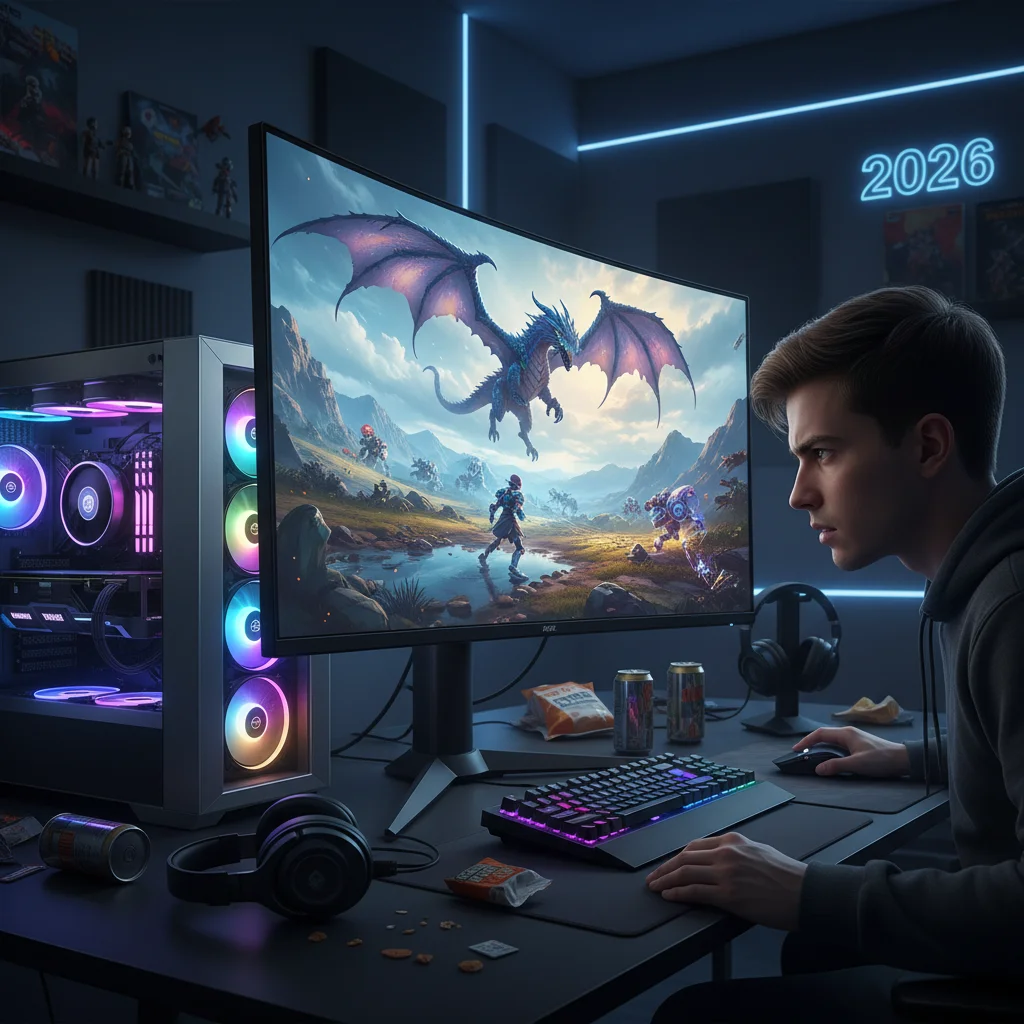 Gamer playing a high-resolution video game on a powerful PC setup.