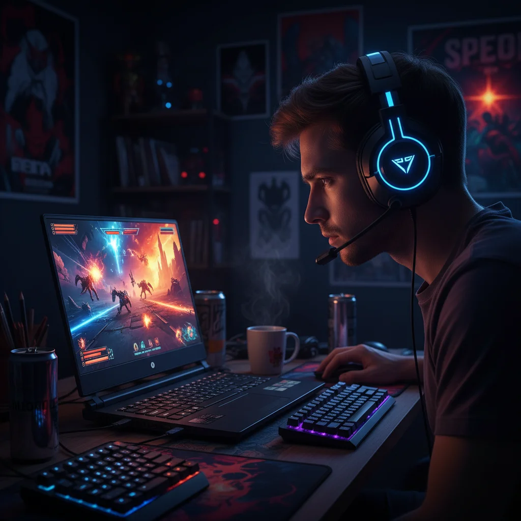 Gamer playing an immersive game on an RTX 4070 gaming laptop