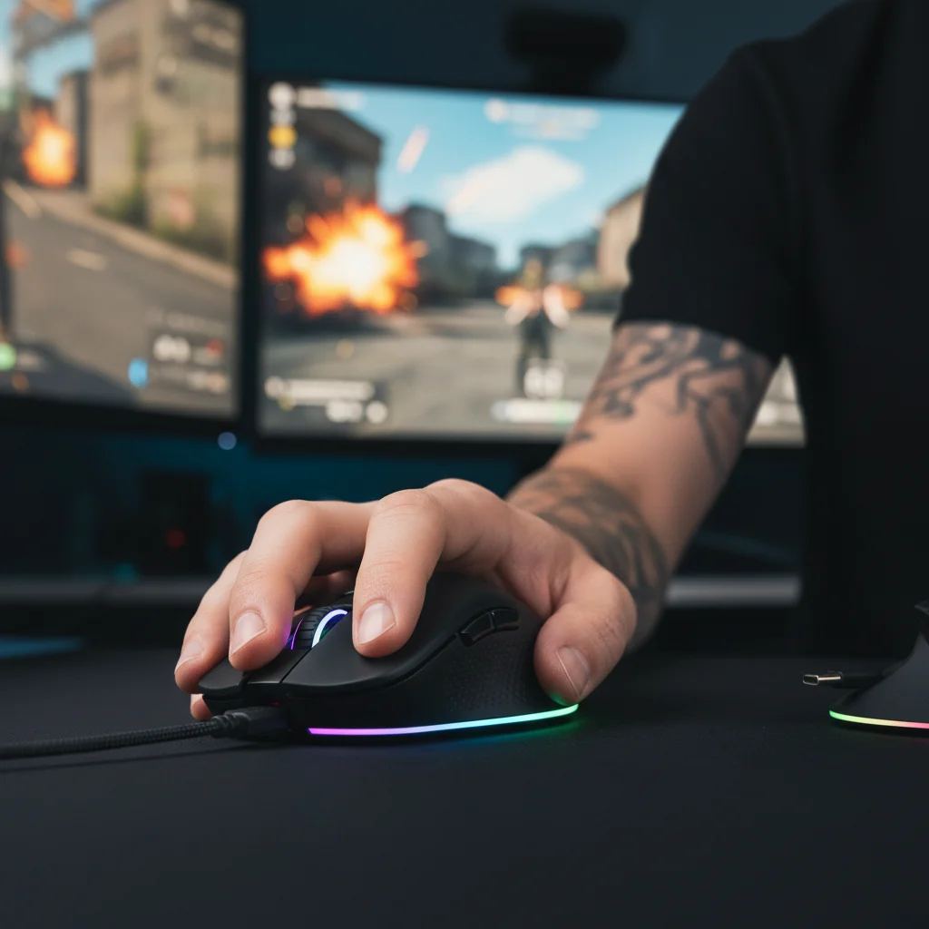 Gamer's hand using a high-performance wireless gaming mouse with ergonomic design
