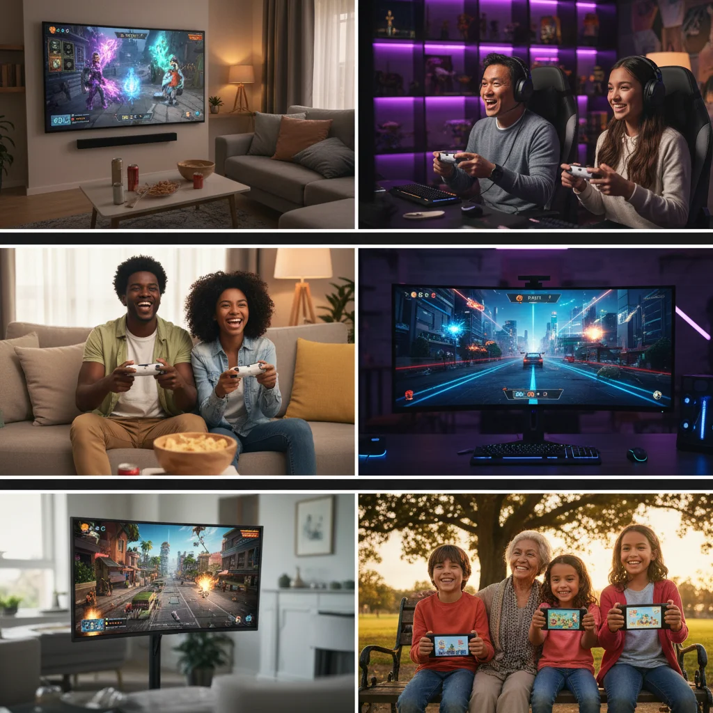 Diverse gamers enjoying next-gen consoles, showcasing the broad appeal and user experience of modern gaming.