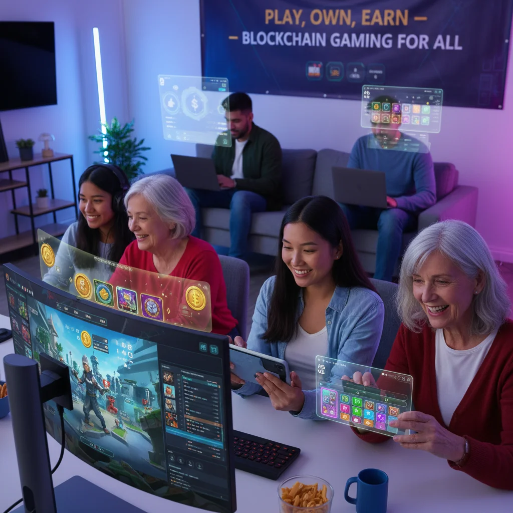 Diverse gamers playing blockchain games on multiple devices, showcasing engagement and digital assets