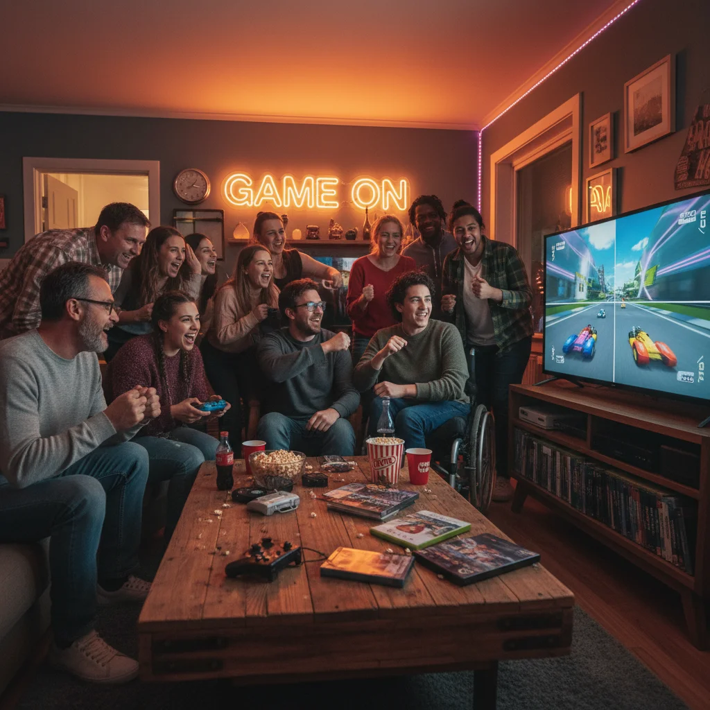 Diverse group of gamers of all ages enjoying a classic 2010s video game together.