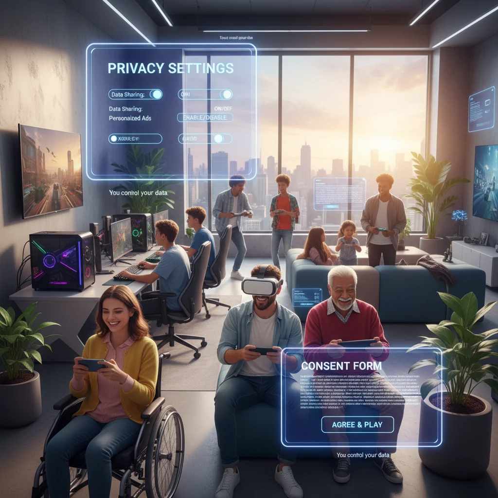 Diverse gamers interacting with devices, overlaid with transparent privacy settings and consent forms.