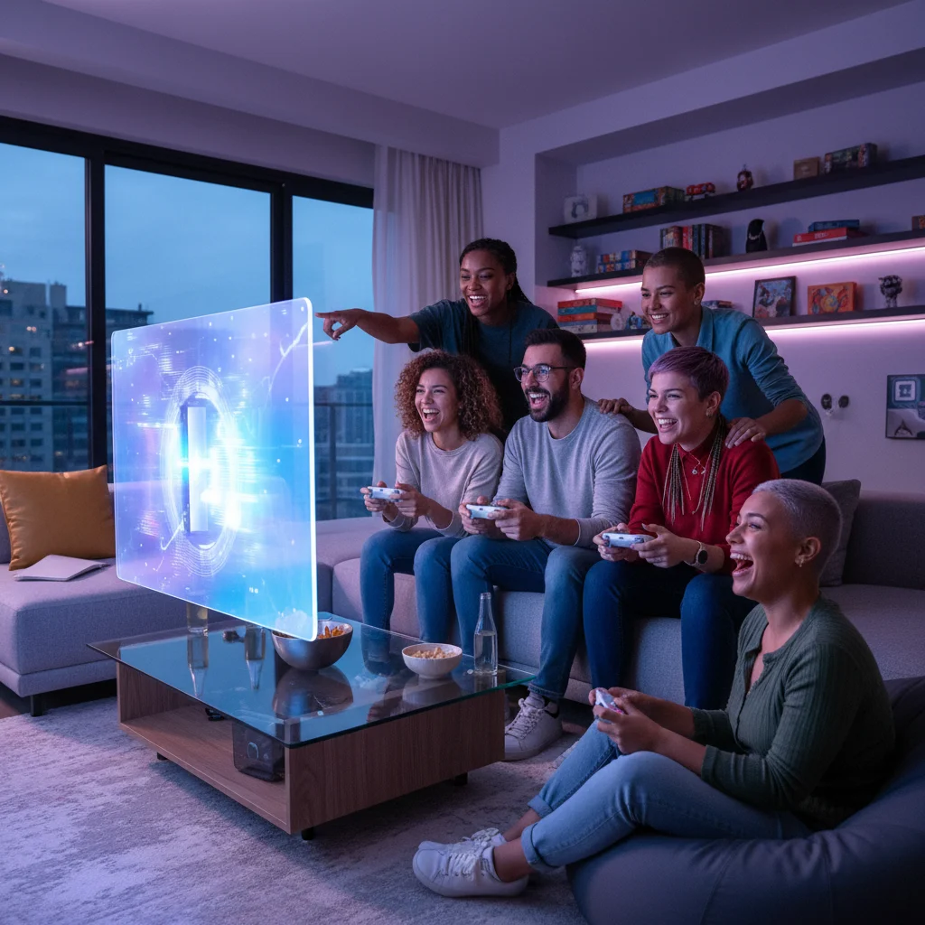 Diverse group of gamers enthusiastically playing a next-generation console in a modern, vibrant living room.