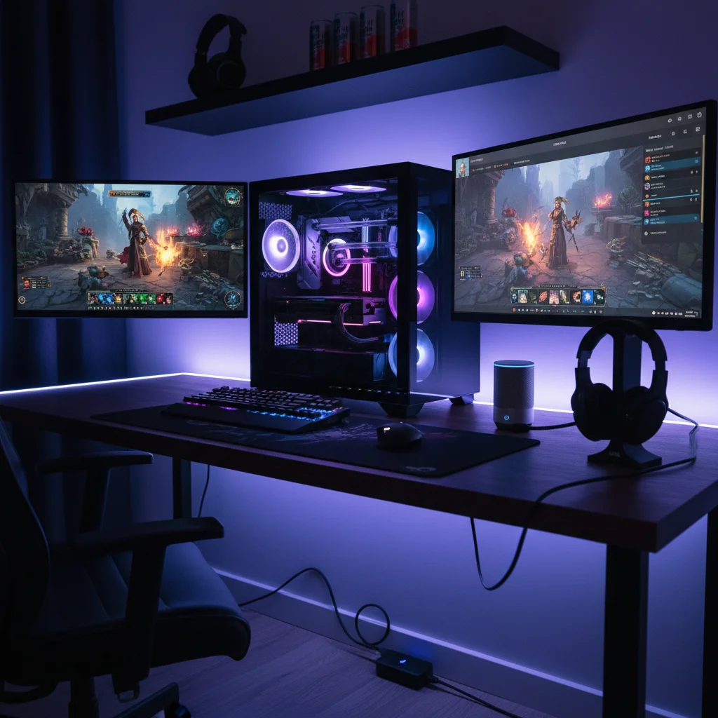 Gaming desk with smart lighting, PC, and voice assistant for automated control.