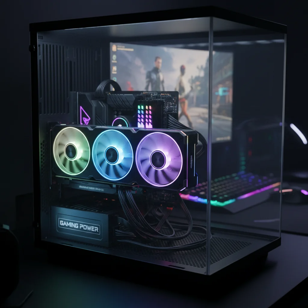 Powerful graphics card with cooling fans and RGB lighting in a PC case.