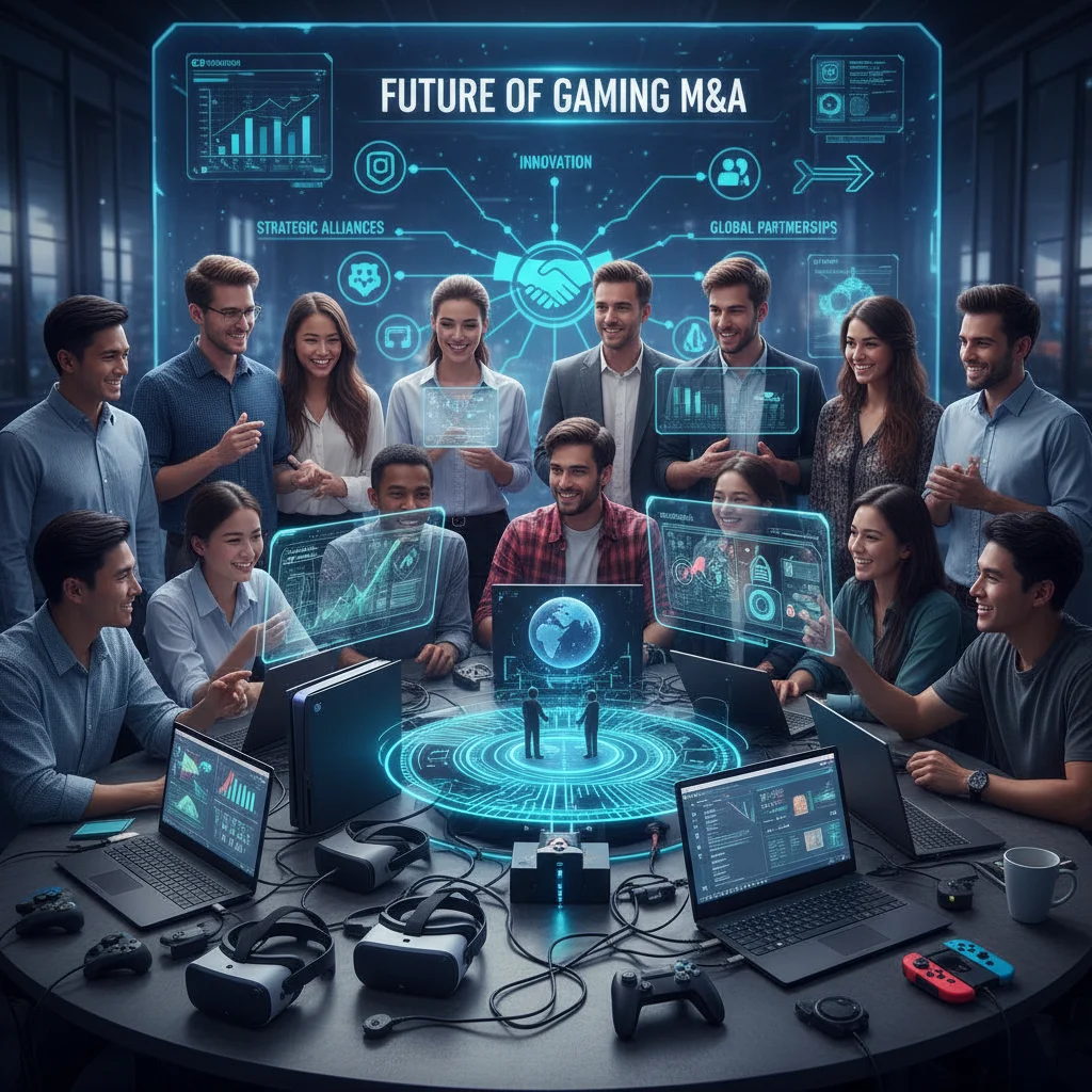 Gamers and developers collaborating, signifying innovation and strategic partnerships in gaming M&A.