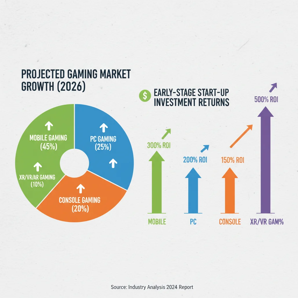Infographic detailing projected market share and investment returns in various gaming segments by 2026.