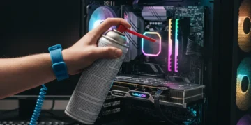 Detailed view of a gaming PC's interior during cleaning, showcasing RGB lights and a hand using compressed air to remove dust from components, highlighting essential DIY gaming PC maintenance.