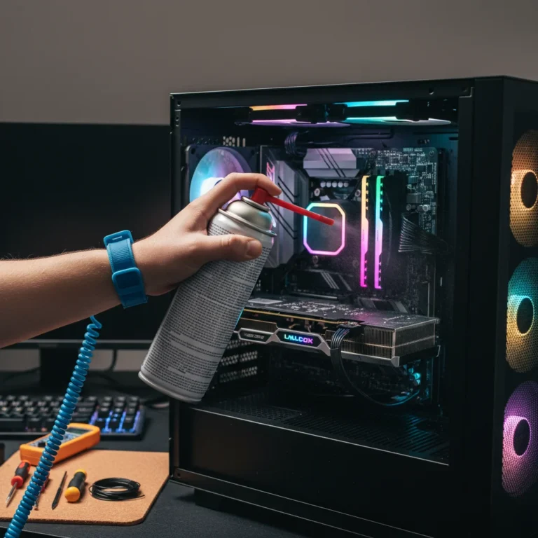 Detailed view of a gaming PC's interior during cleaning, showcasing RGB lights and a hand using compressed air to remove dust from components, highlighting essential DIY gaming PC maintenance.