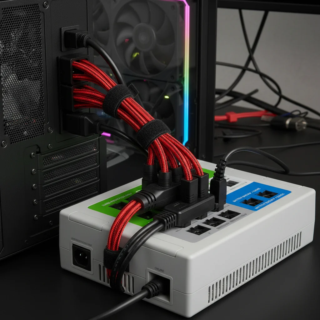 Rear view of a gaming PC connected to a UPS, showing power cables and various outlets for comprehensive protection.