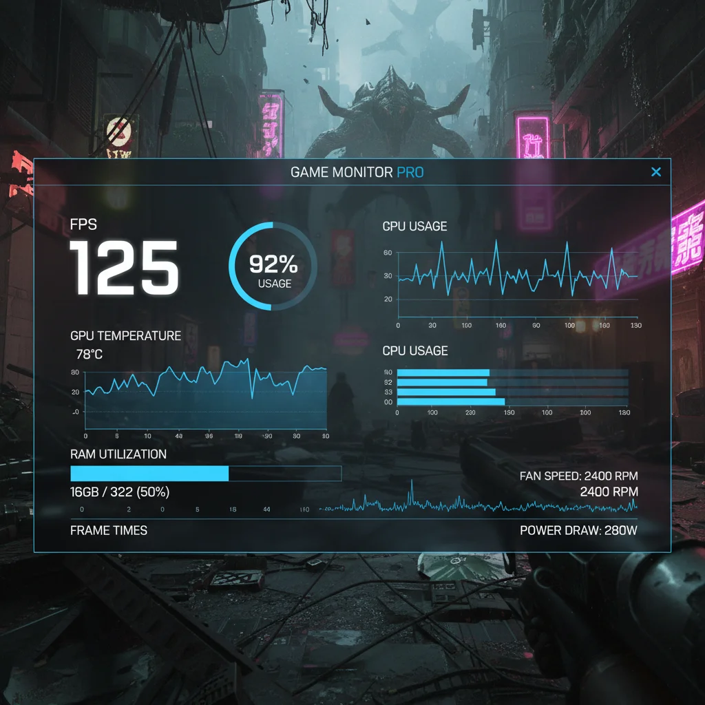 Screenshot of a gaming performance monitoring software showing real-time CPU, GPU, RAM, and FPS data with graphs.