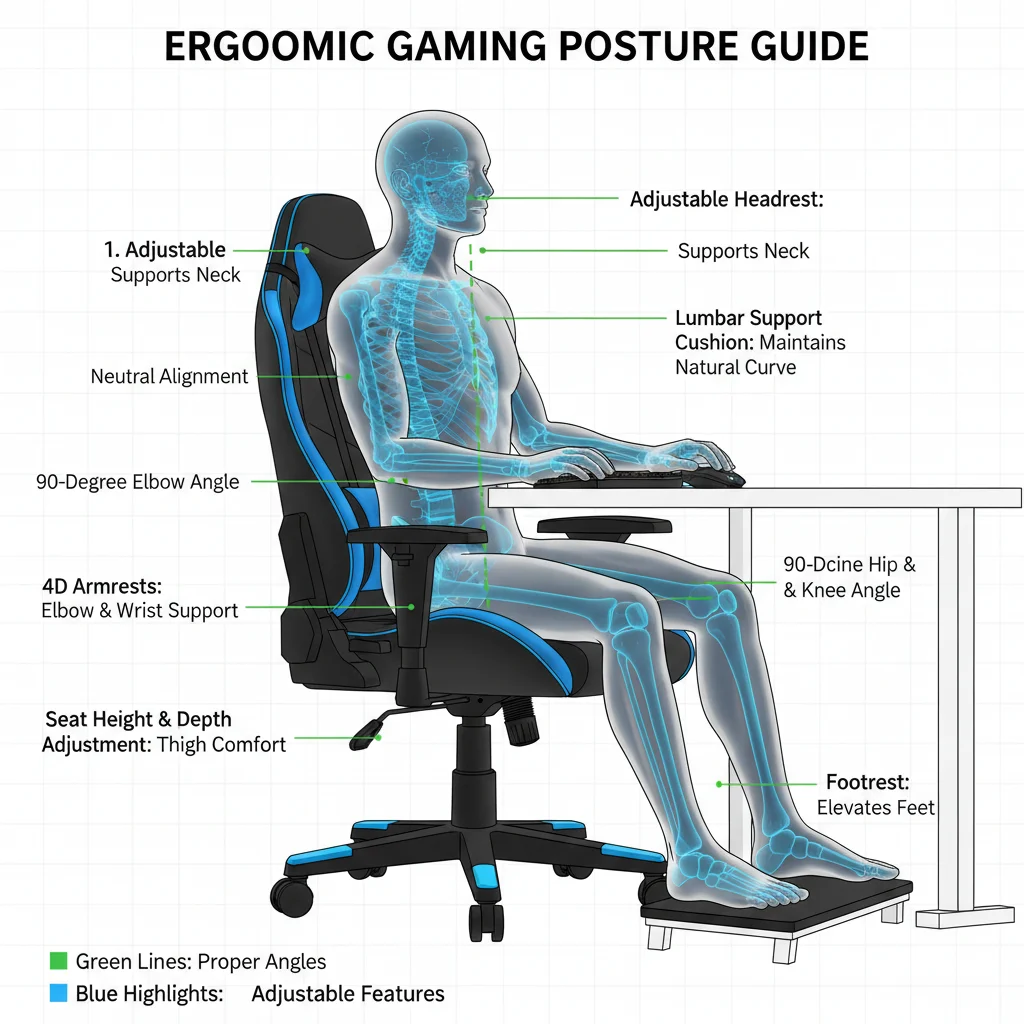 Ergonomic posture diagram for gamers, showing proper alignment with an advanced gaming chair.