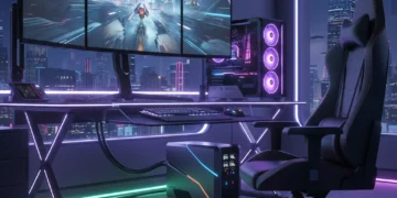 Modern gaming setup with a powerful PC and a sleek UPS unit ensuring uninterrupted power in 2026.