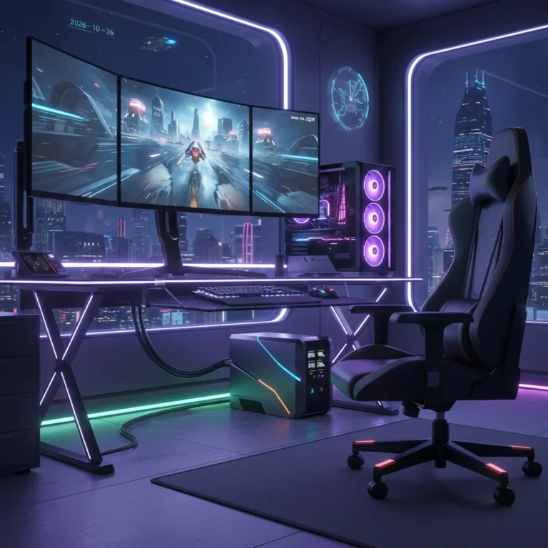 Modern gaming setup with a powerful PC and a sleek UPS unit ensuring uninterrupted power in 2026.