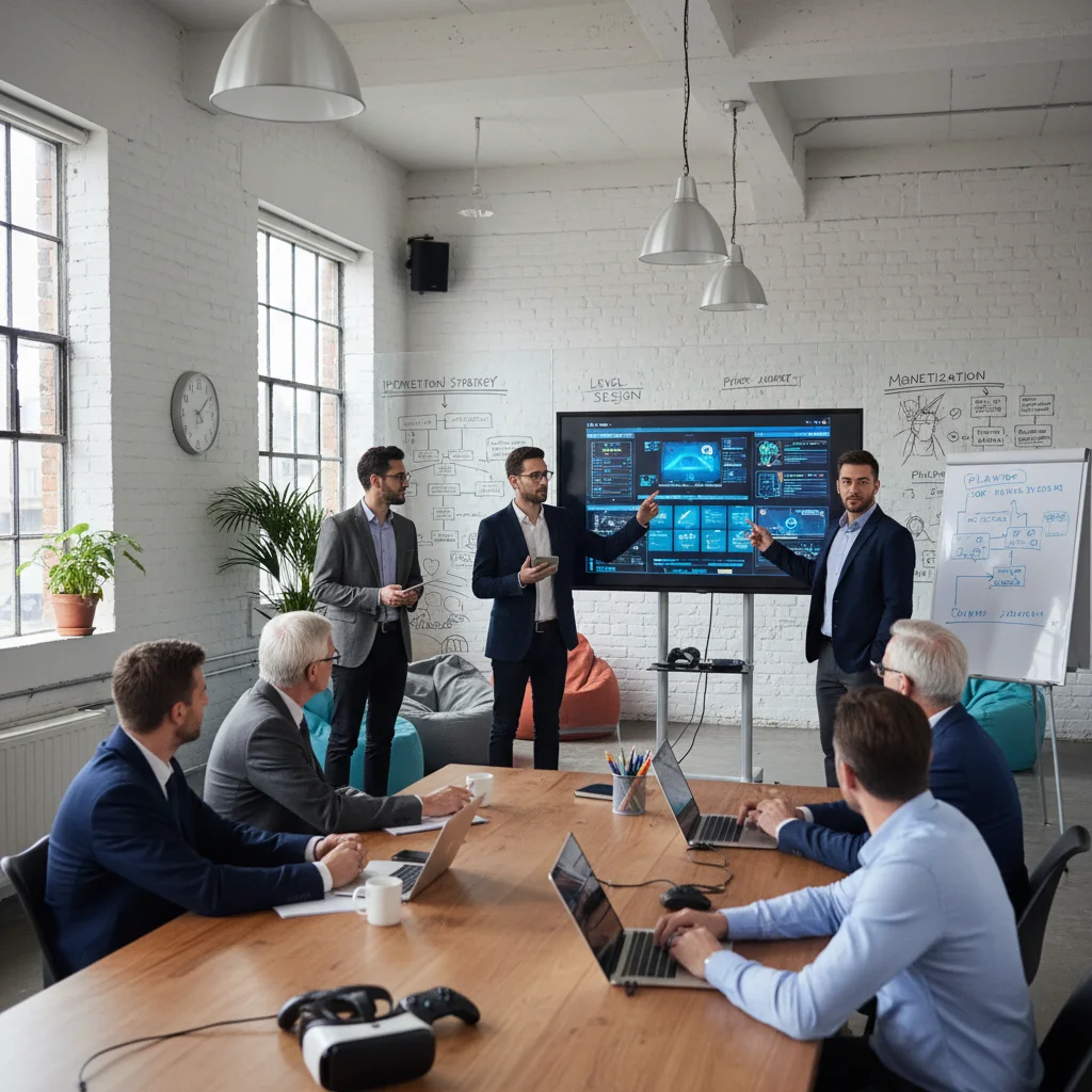 Gaming start-up founders pitching innovative game concepts to venture capitalists.