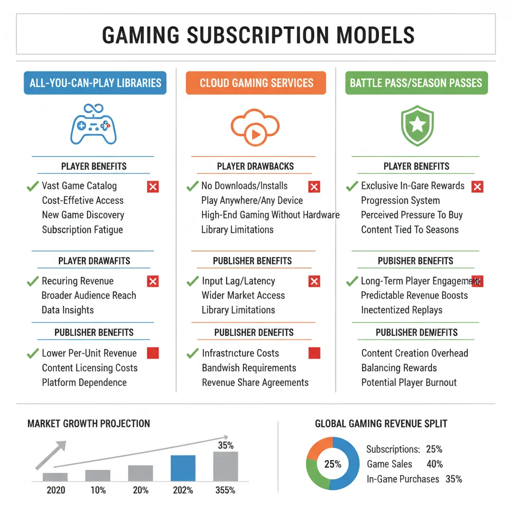 Infographic illustrating various gaming subscription models and their characteristics.