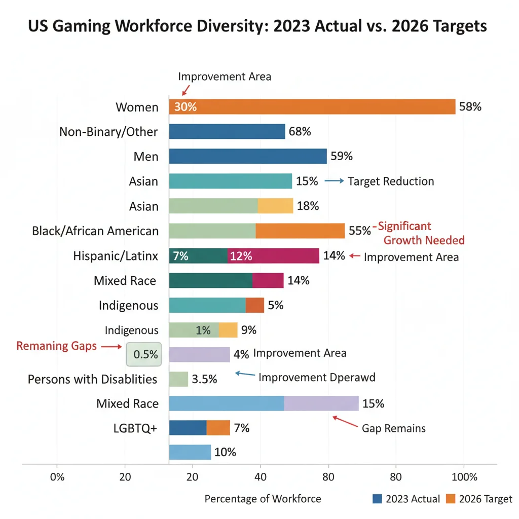 Infographic showing gaming workforce diversity statistics and 2026 targets.