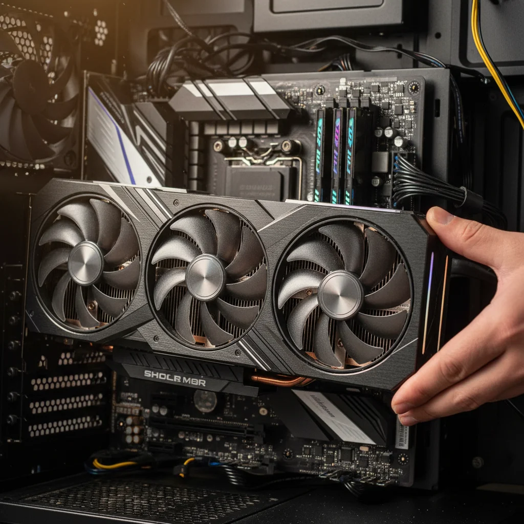 Close-up of a high-performance graphics card with large cooling fans being carefully installed into a PC motherboard.