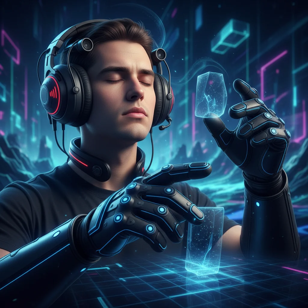 Visually impaired gamer experiencing immersive haptic and audio feedback in a game.