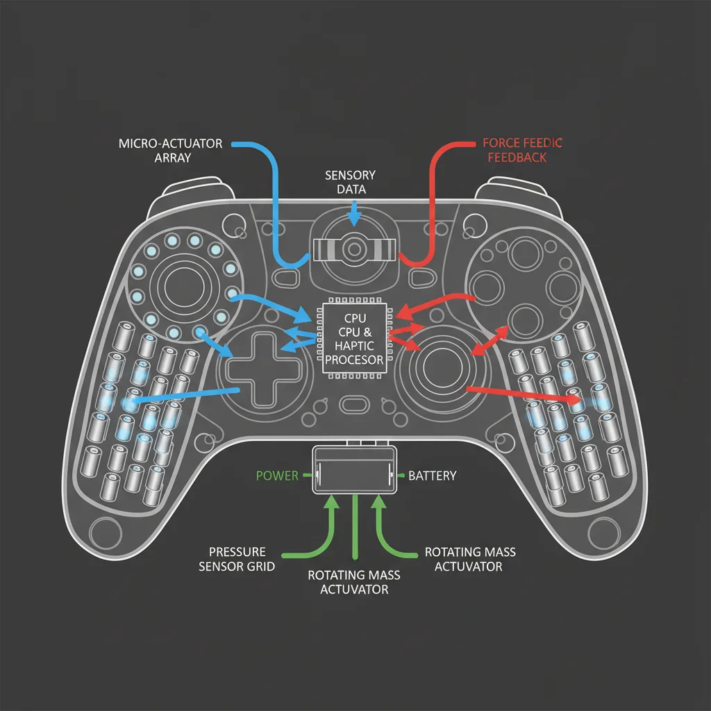 Internal diagram of an advanced haptic feedback gaming controller.