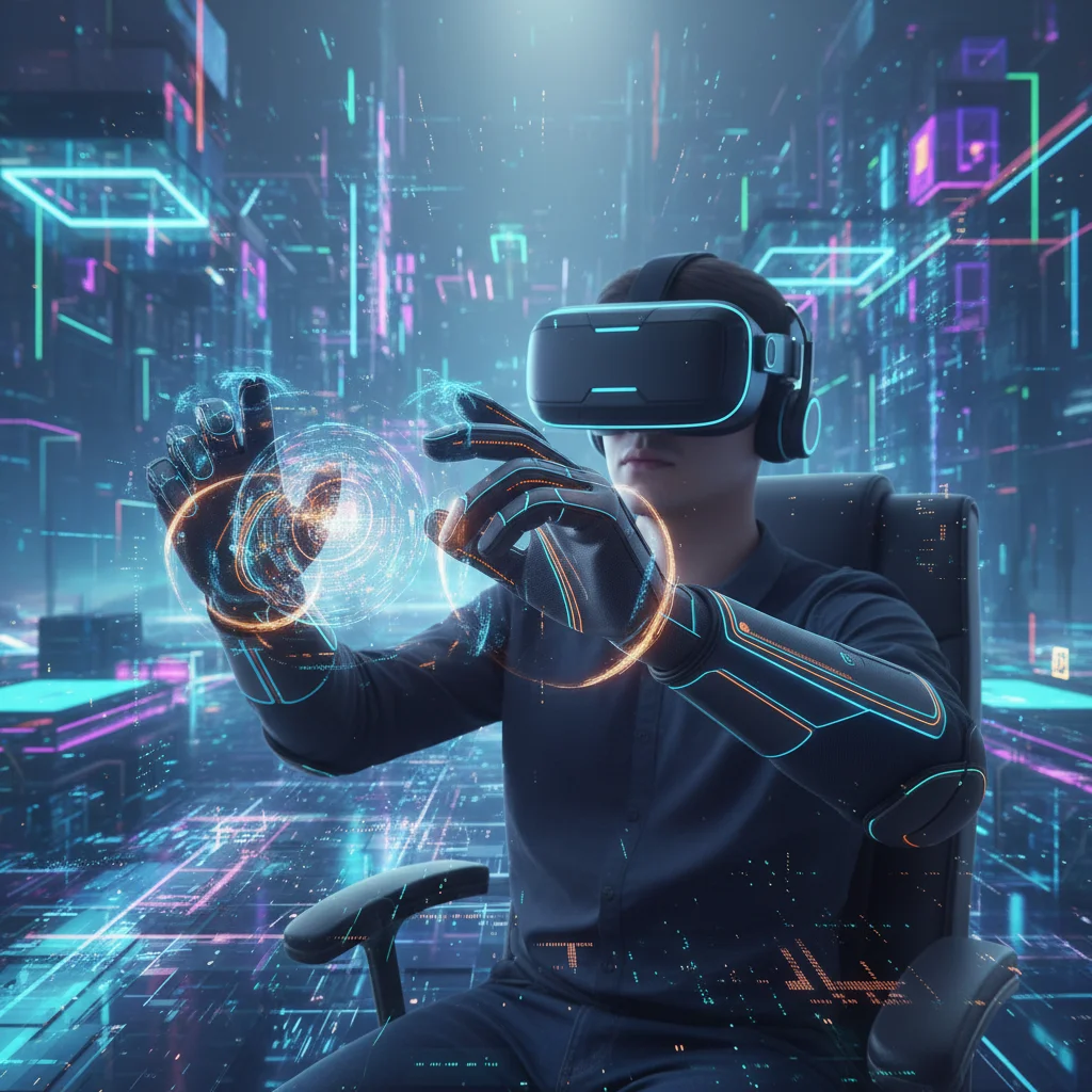 User wearing haptic gloves, experiencing tactile feedback in a vibrant virtual reality environment.