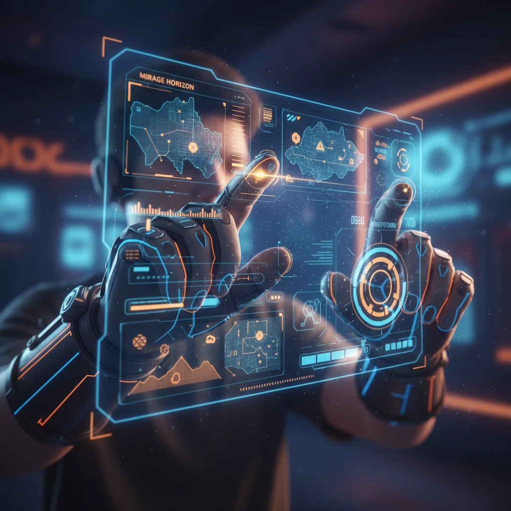 Player's hands with haptic gloves interacting with a virtual interface in 'Mirage Horizon'.