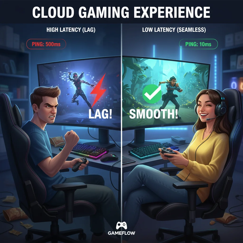 Split-screen comparing high and low latency in cloud gaming for a better user experience.